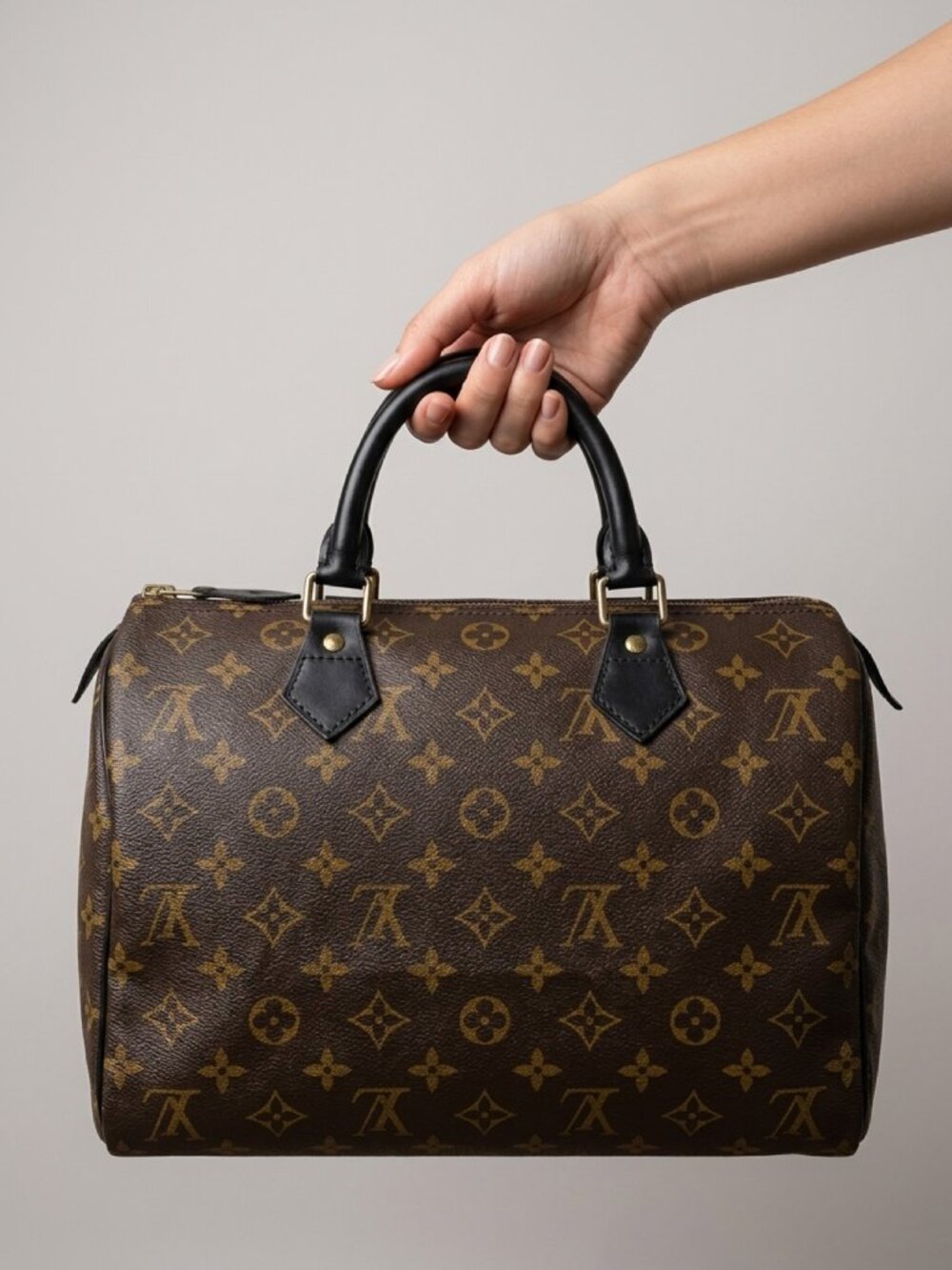LOUIS VUITTON Speedy 30 Monogram Canvas Brown Top Handle Boston Bag Black Detail